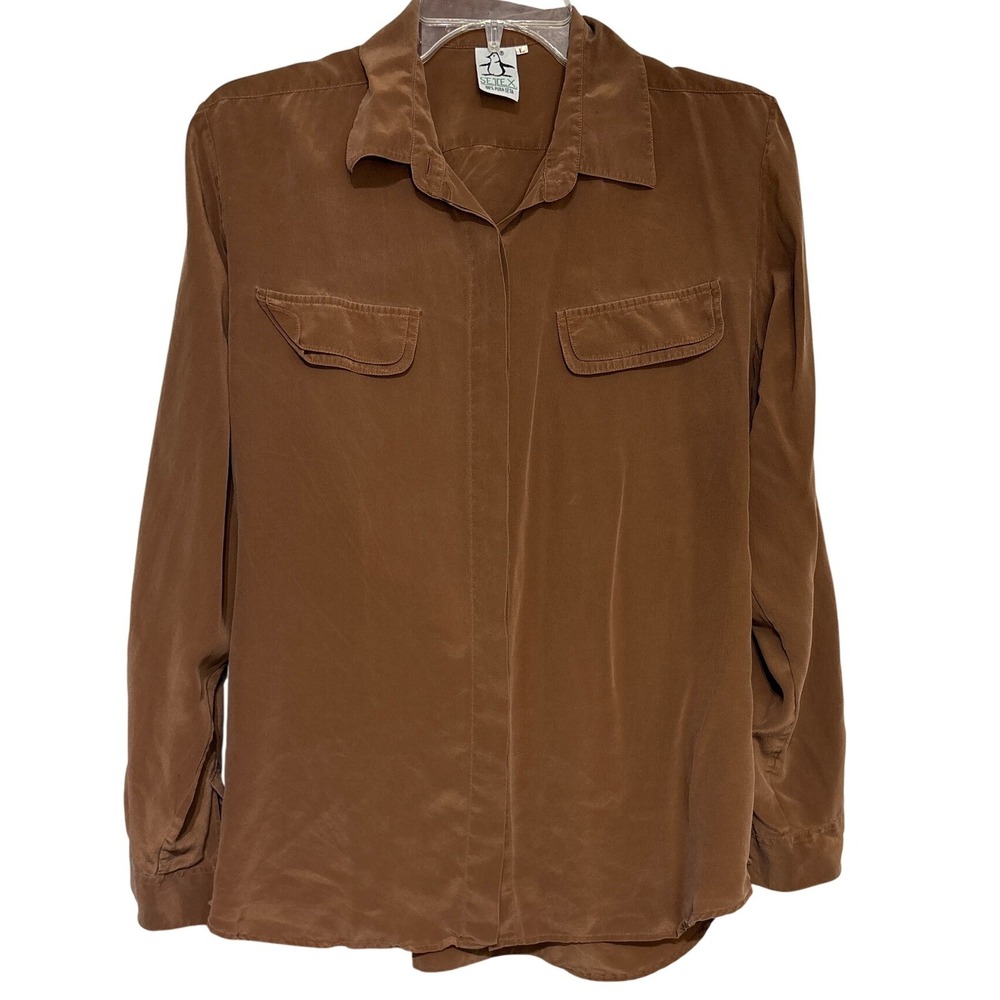 SEITEX Brown 100% Pura Seta Silk Button Down Shirt Long Sleeve Size‎ L Vintage